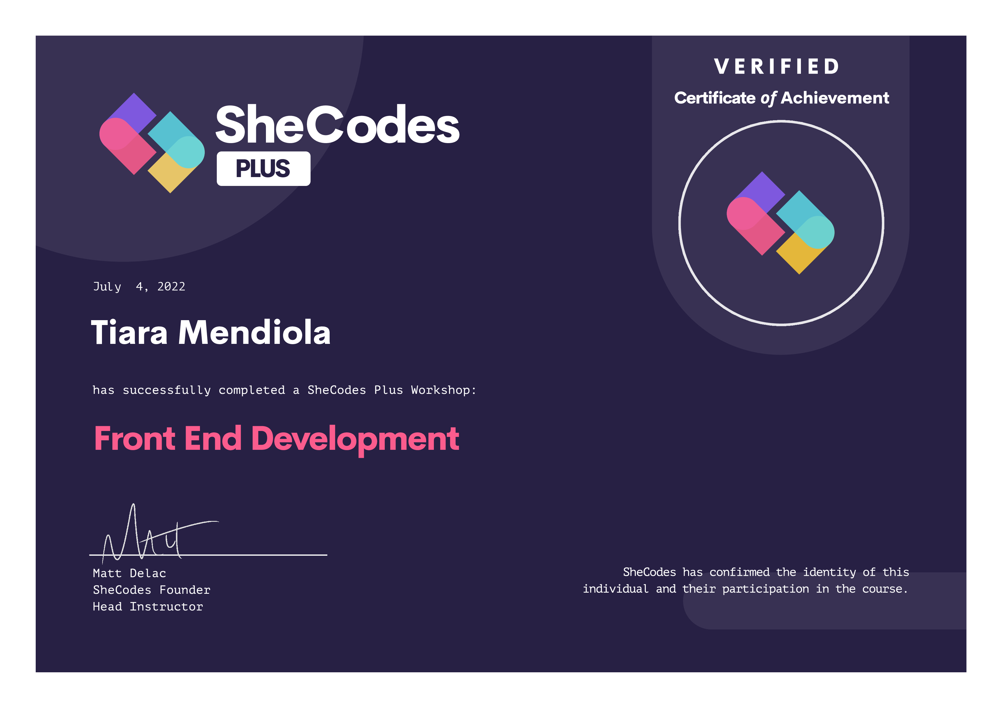 Image of Tiara's SheCodes: Front End Development Certificate